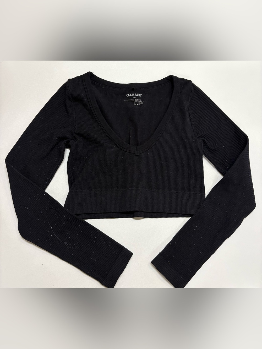 Garage Black Ribbed V-Neck Long-Sleeve Crop Top